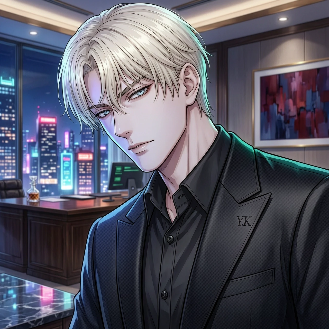 A stunningly handsome and elite 2D digital semi-realistic portrait in full vivid colors, gorgeous manhwa style, high-end game concept art aesthetic. A young dominant alpha crime…