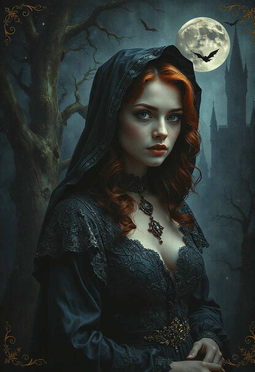 (Masterpiece, oil painting:1.8). Cover of a woman's novel: an incredibly beautiful young red-haired woman (with mysterious and cruel) eyes, with very pale, almost…