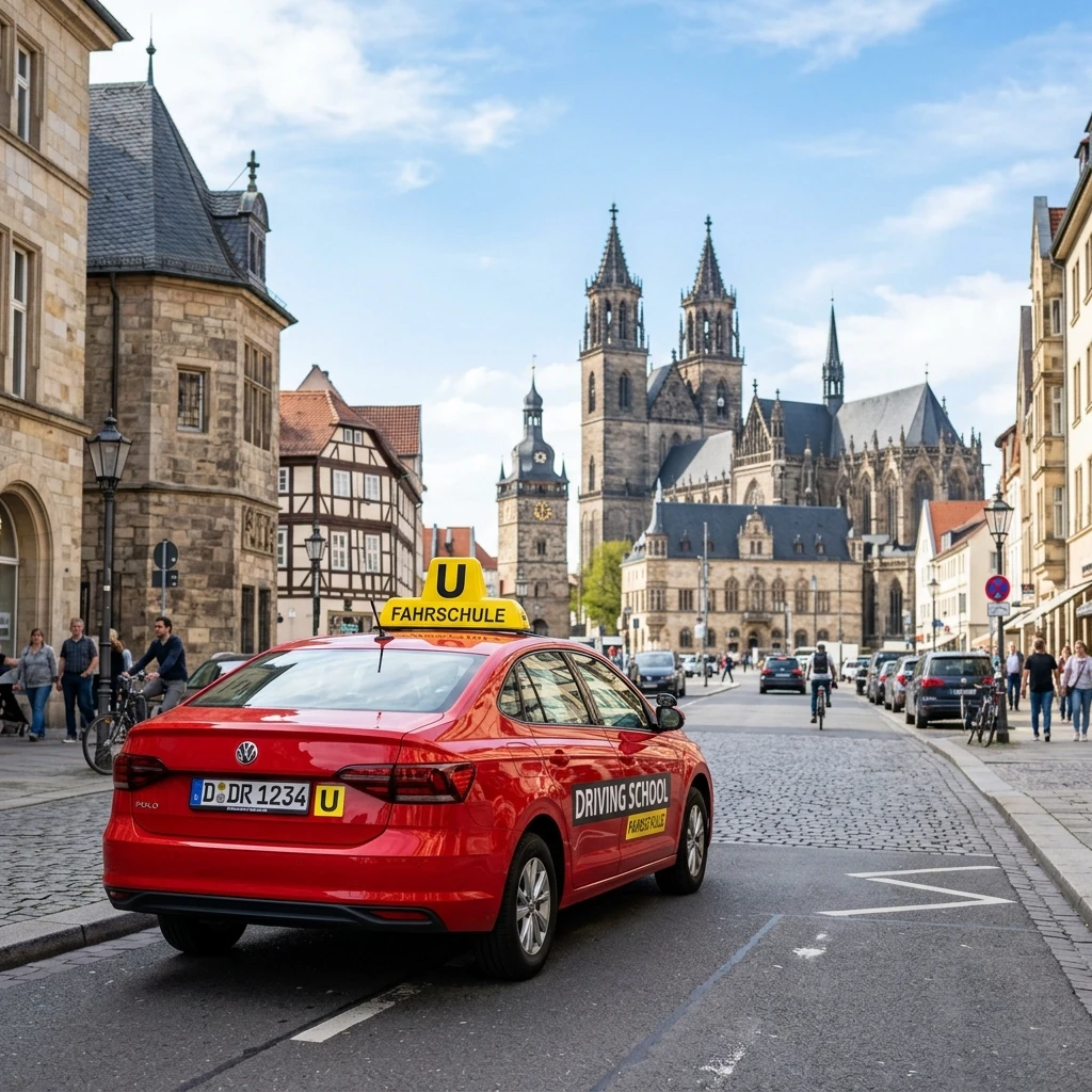 A red driving school sedan with a yellow "У" sign on the roof, parked on a city street with a view of a historic city center in the background — a cathedral or city…