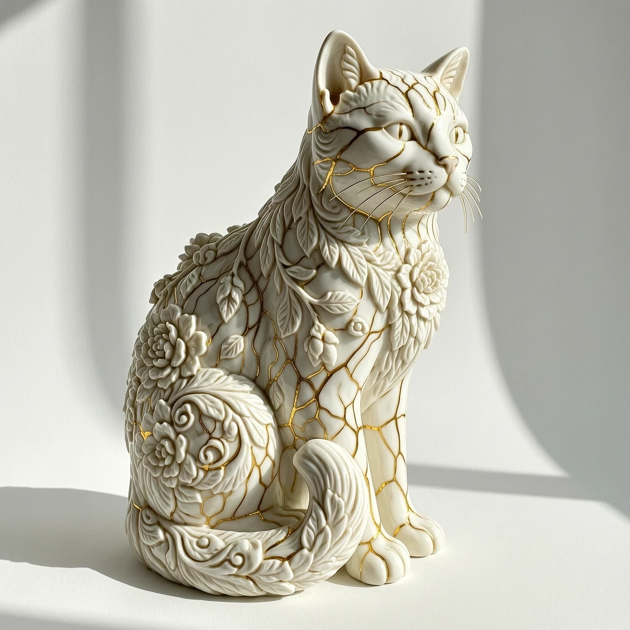 Digital image in Baroque and rocaille style with elements of kintsugi technique. Close-up. (Decorative sculpture made of white porcelain: 1.5). Golden cracks. Volume. The…