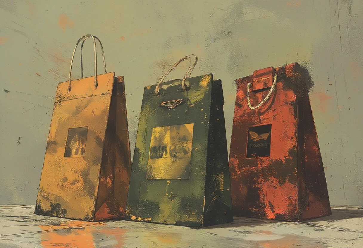 Photorealistic studio shot of three tall paper shopping bags with white rope handles on a clean light neutral background. Left bag in Muted Clay palette (soft terracotta, warm…