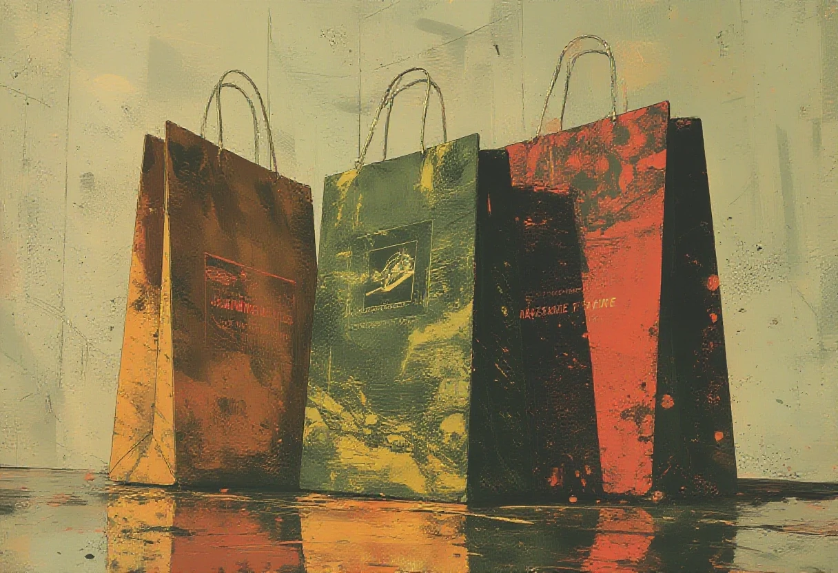 Photorealistic studio shot of three tall paper shopping bags with white rope handles on a clean light neutral background. Left bag in Muted Clay palette (soft terracotta, warm…