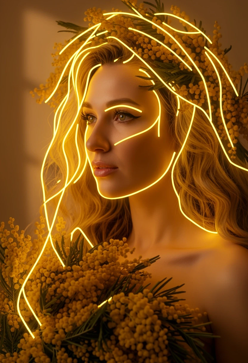 Detailed photo of the girl, with just a few minimal 8mm yellow LED neon lines as elegant accents on top of the flowers. Low density neon, simplified sparse light layout, large…