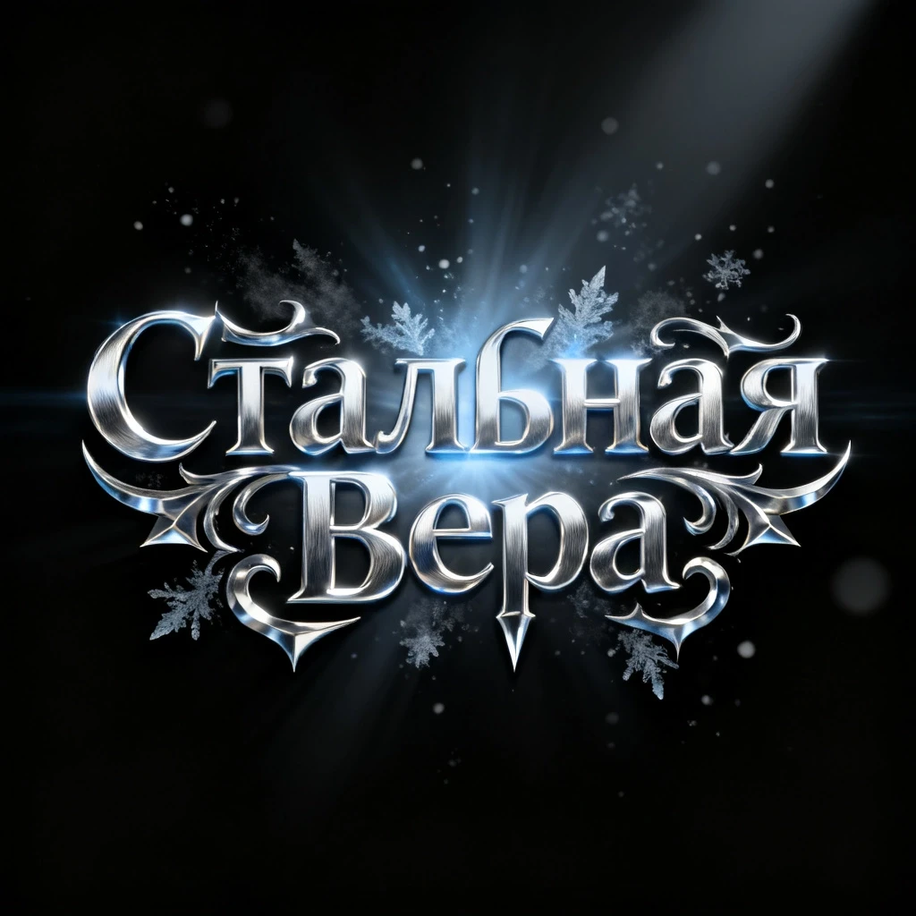 Cinematic glowing silver steel title text in Russian: "Стальная Вера" with intricate gothic-inspired curlicues and sharp metallic filigree, cold silver figured letters…
