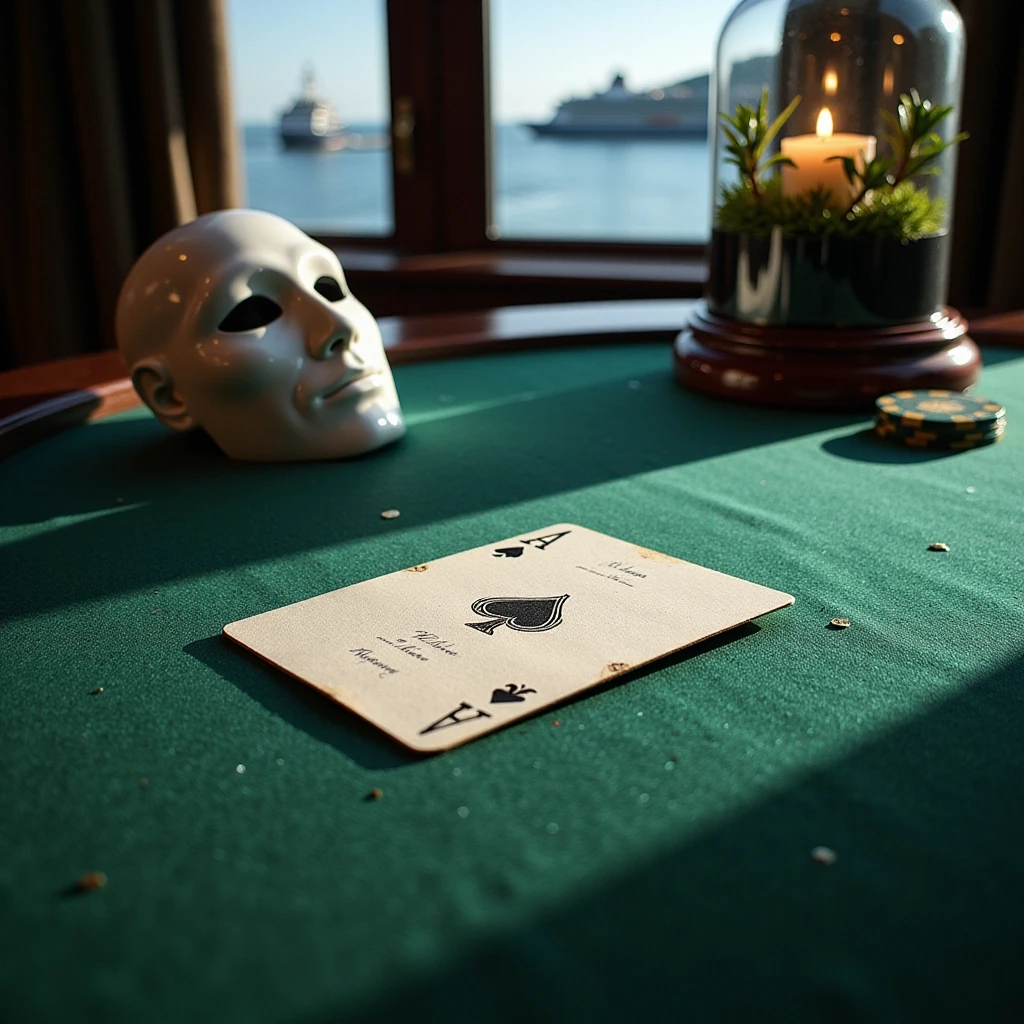 Premium A5 book cover for a detective thriller, vertical orientation. Cinematic realism, hyper-detailed photorealism. Composition: A macro close-up shot of a professional poker…