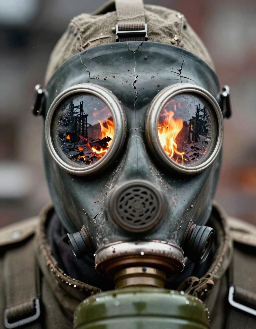 A hyper-realistic close-up of a Chernobyl liquidator’s Soviet-era gas mask, filling the frame with visceral detail. The mask’s thick rubber is cracked and stained with…