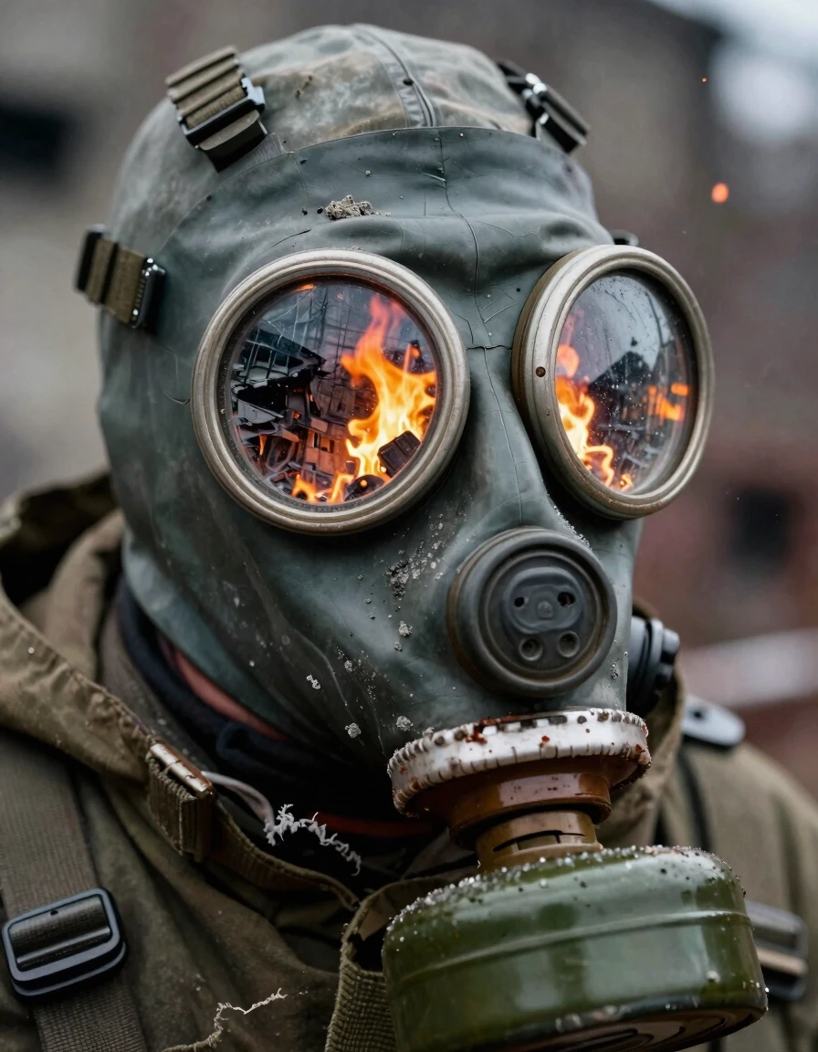 A hyper-realistic close-up of a Chernobyl liquidator’s Soviet-era gas mask, filling the frame with visceral detail. The mask’s thick rubber is cracked and stained with…