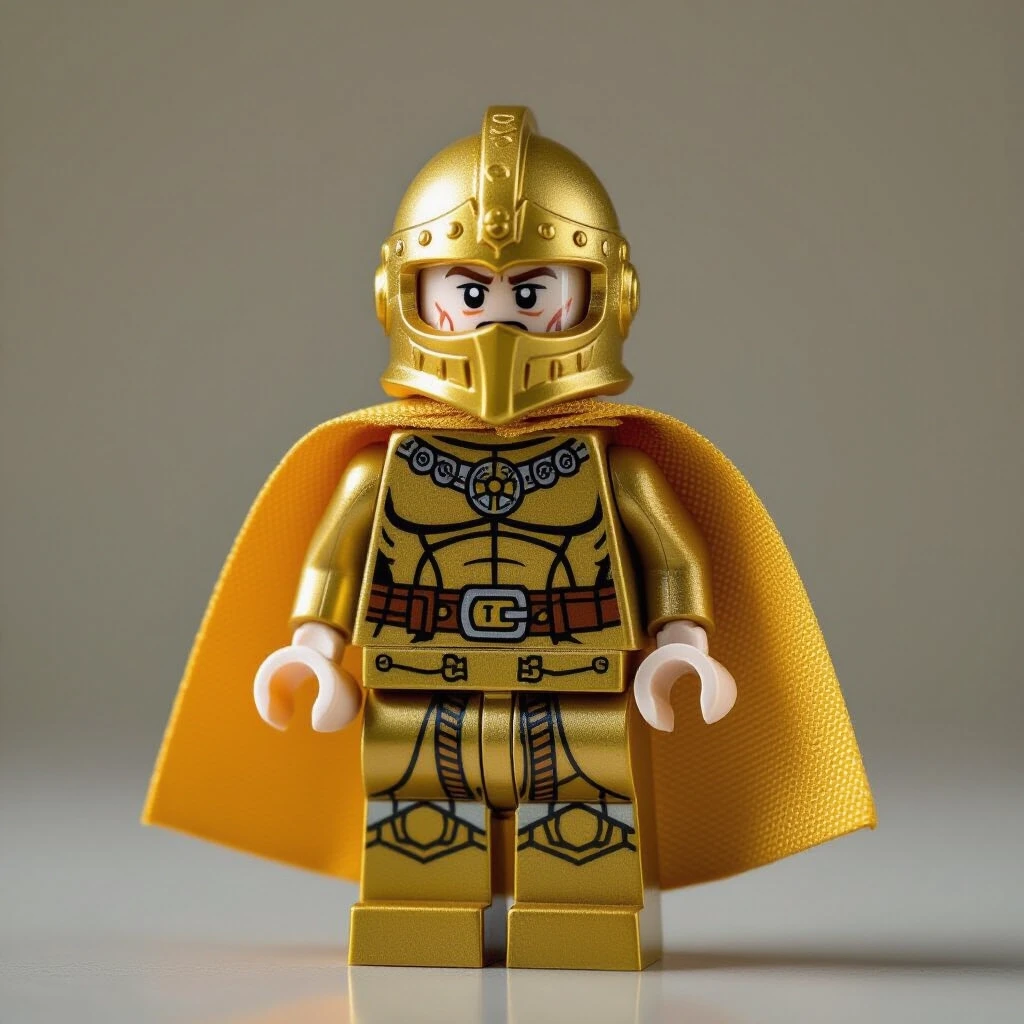Koshchei the Immortal in a golden cloak and a golden helmet on his head Highly detailed original collectible figure in the style of a modular construction set, painted…