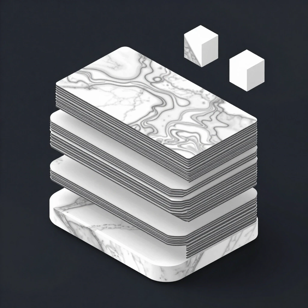 3D printer constructed from horizontal stacked 3D printing layers, FDM layer lines clearly visible, contour map style, marble texture, isometric view, floating geometric…