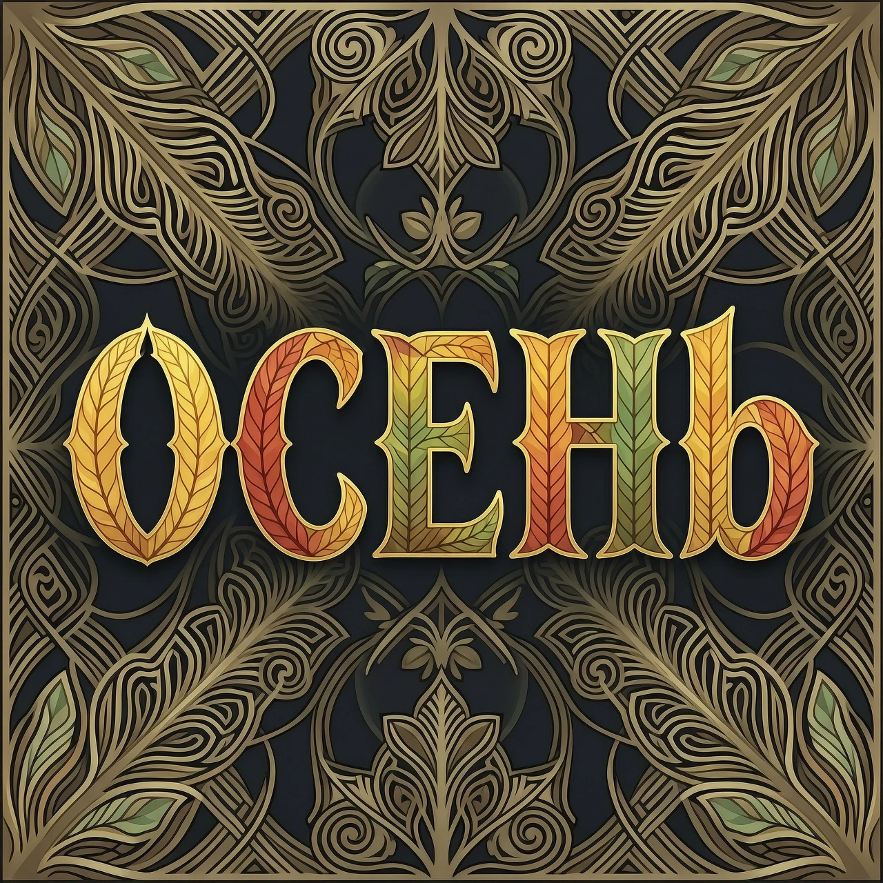 Digital image with double exposure and overlay of layers and textures. Vector graphics. The word "OCEHb" is made of gold, crimson and green skeletonized textured…