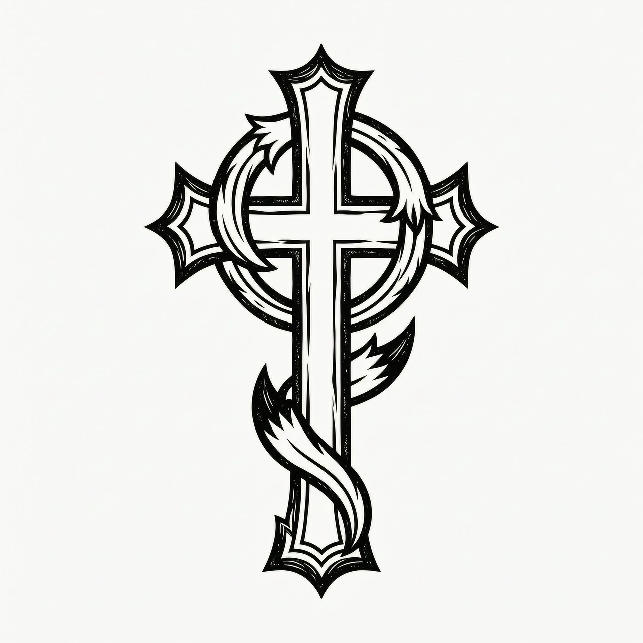 Minimalist engraving style, the Flamel cross, a stylized three-tailed fox replaces the snake on the cross, the fox flows along the cross contour forming a loop, vector line art,…