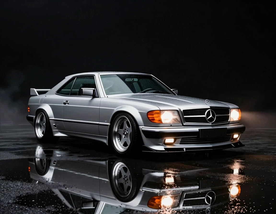 Subject: Mercedes-Benz 560 SEC W126 AMG widebody coupe, two-door Color: silver metallic body, polished, deep reflective paint finish Wheels: AMG Gullideckel monoblock wheels,…