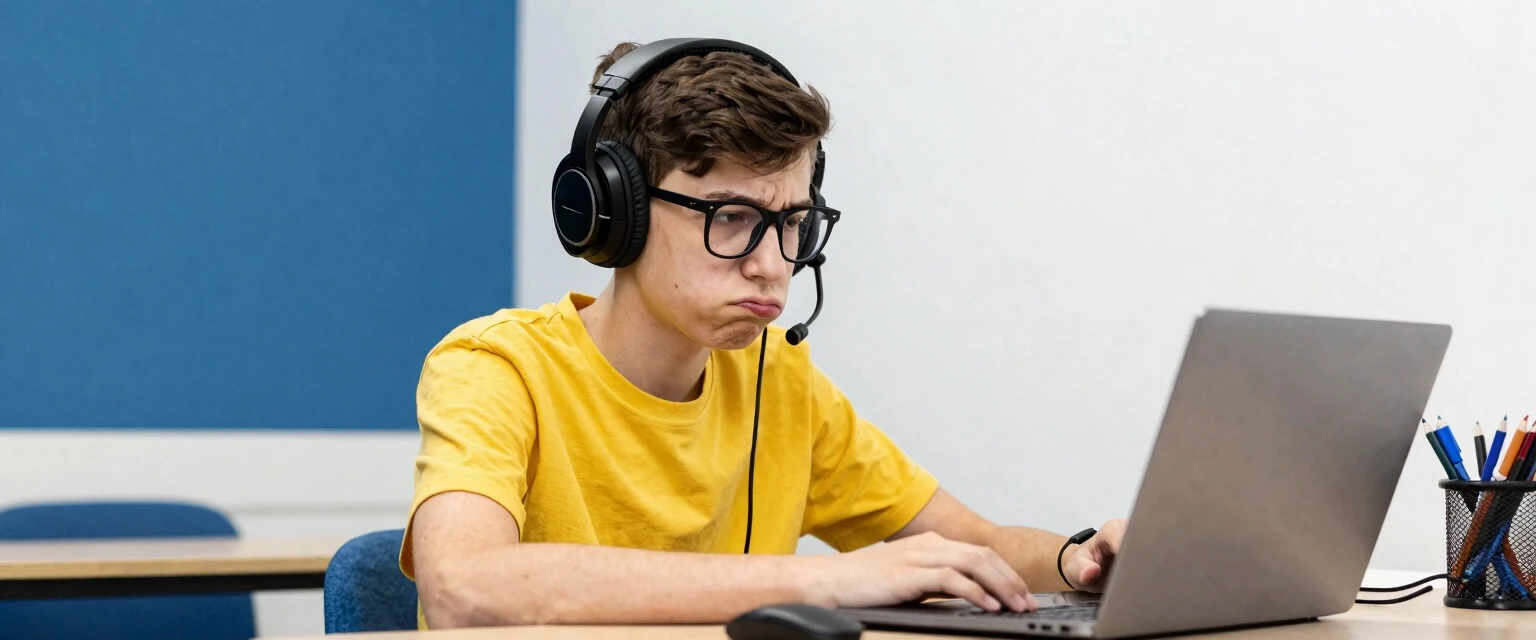A teenager in yellow and blue , with a stupid face, wearing glasses, sits at a table with an audio headset on his head and a laptop in front of him. — работа пользователя…