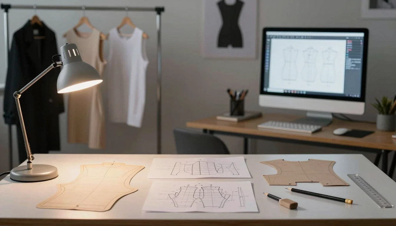 Realistic photo, interior of a clothing pattern design bureau. Front view, medium-wide shot. Foreground: a large white table with a wooden edge. Spread out on the table are…