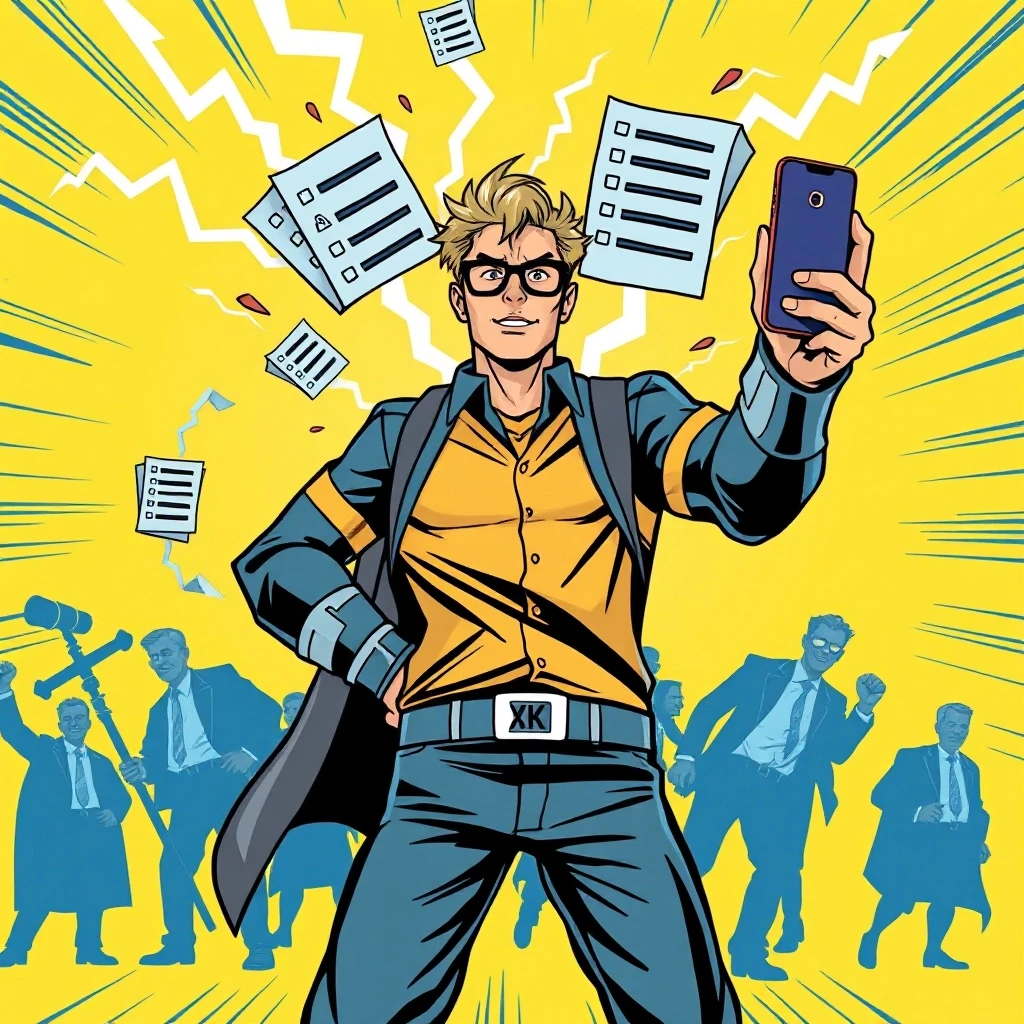 Dynamic comic book style, central hero stands holding a smartphone, bright lightning bolts shaped as legal documents, lawsuits, complaints and claims shooting out of the phone,…