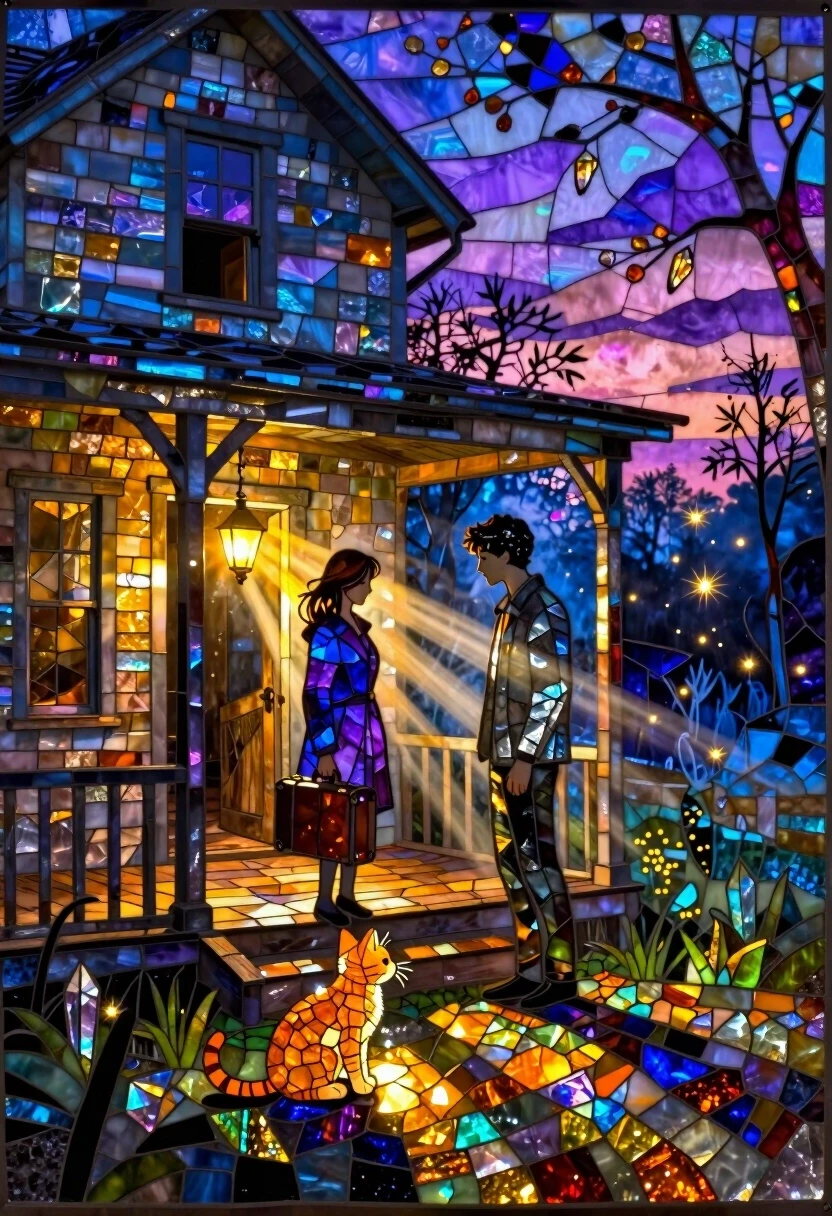 Surreal stained glass mosaic mural, where the entire scene is composed of tiny iridescent glass fragments and crystal shards. An abandoned country house at twilight: the windows…