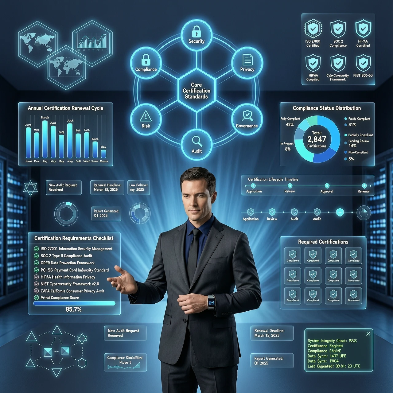Modern a sleek corporate tech style, featuring a central professional character surrounded by floating, glowing holographic infographics and 3D data visualizations. The…