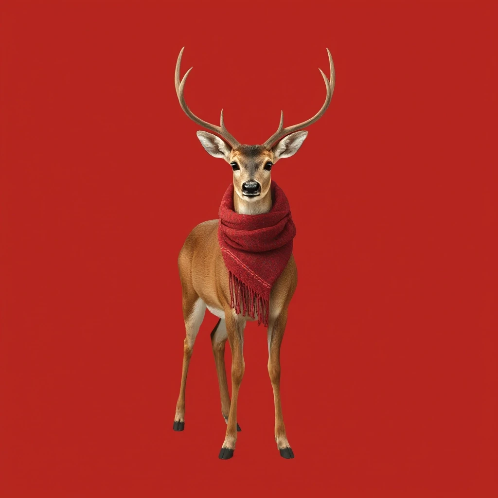Draw a symmetrical frontal frame in the style of Wes Anderson for the A6 format. In the center is a full—length deer, it stands quietly, with a dusty red wool scarf with fringes…