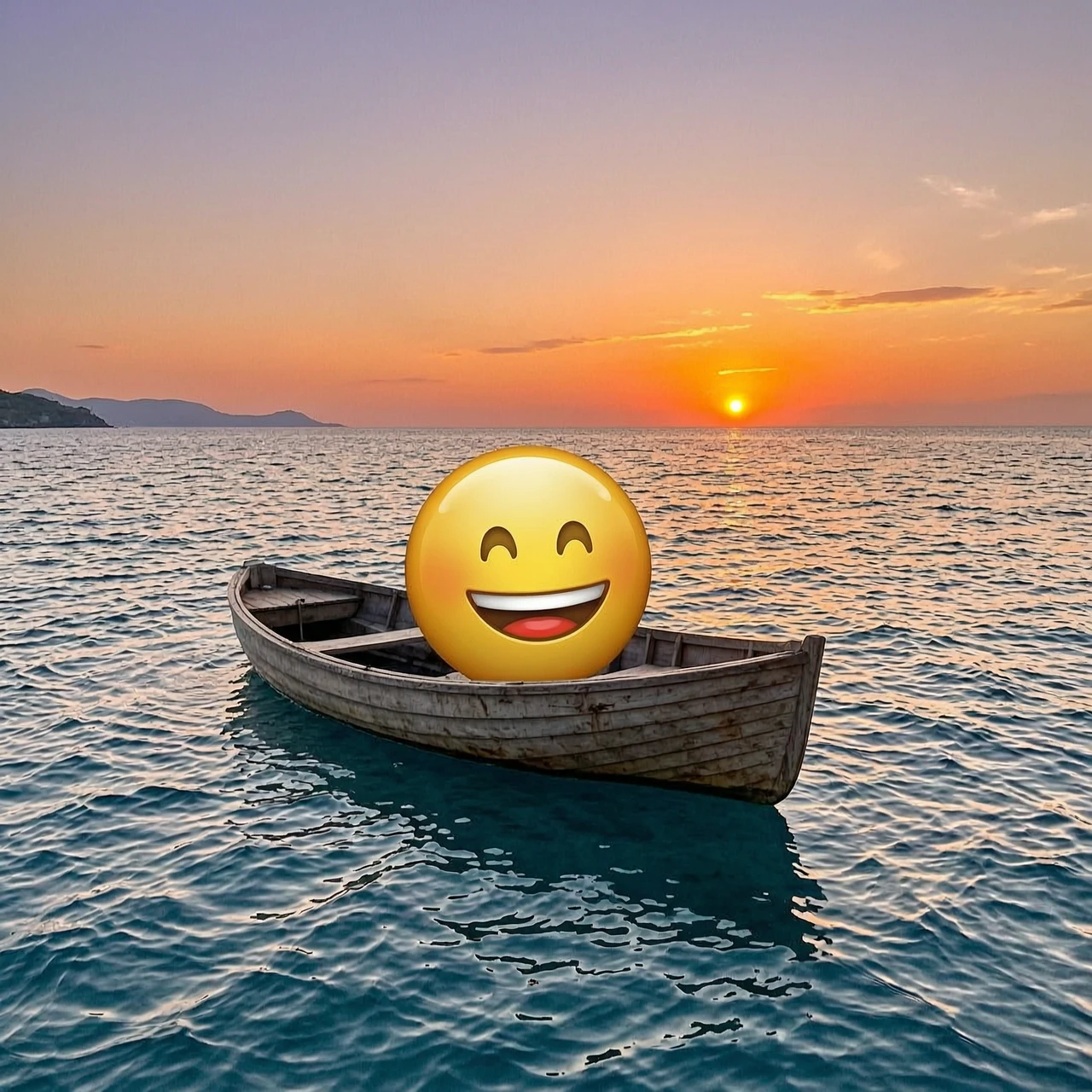 Картинка с морем, улыбающийся смайлик плывет на лодке в сторону заката — работа пользователя Интригующий Фьорд