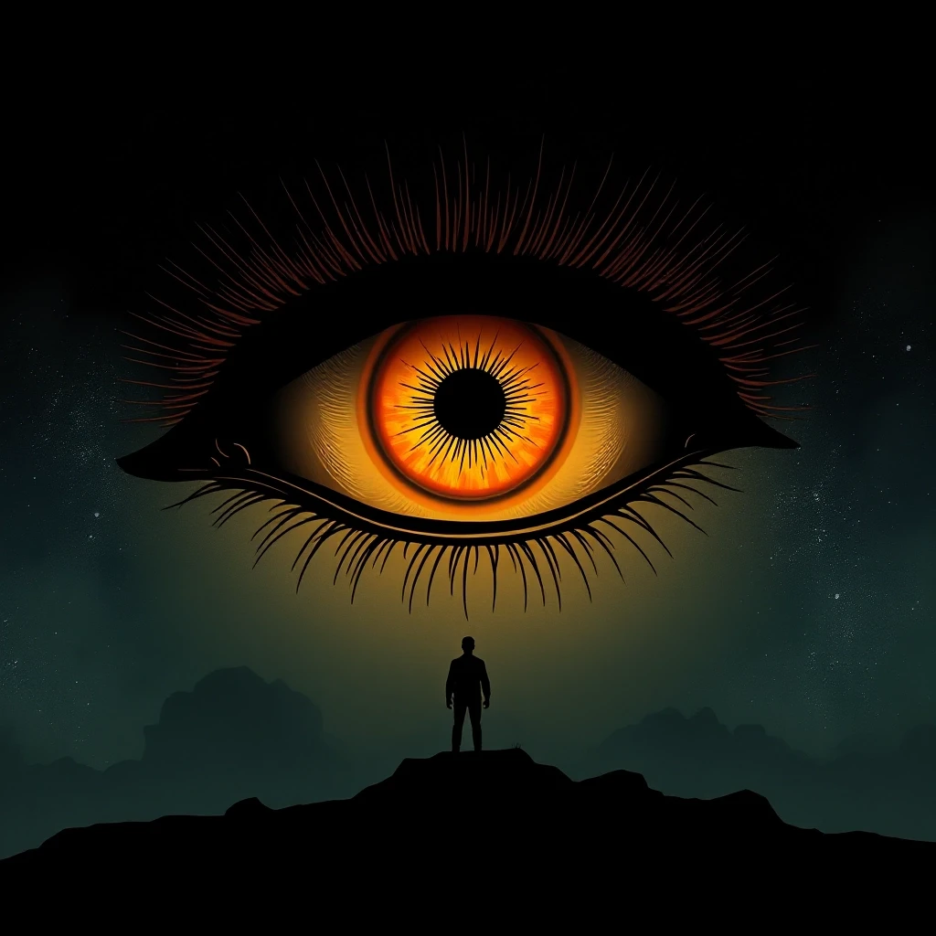 A small human silhouette standing below a giant golden eye in the dark sky, comic book style with cinematic dramatic lighting, dark graphic novel aesthetic, bold black outlines,…