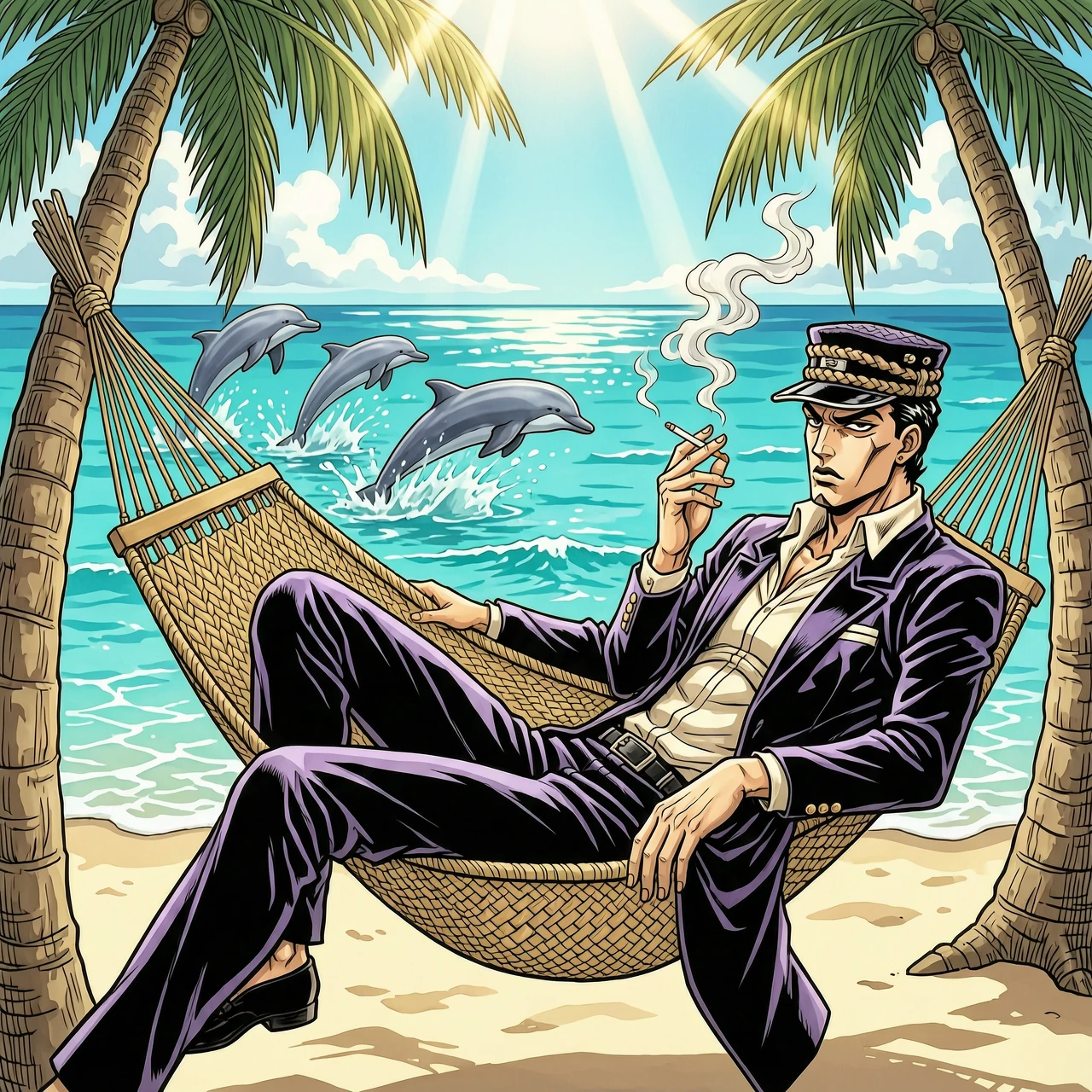 Jotaro Kujo from JoJo's Bizarre Adventure, holding a lit cigarette with a thin trail of stylized smoke, lounging relaxed in a detailed woven tropical hammock suspended…