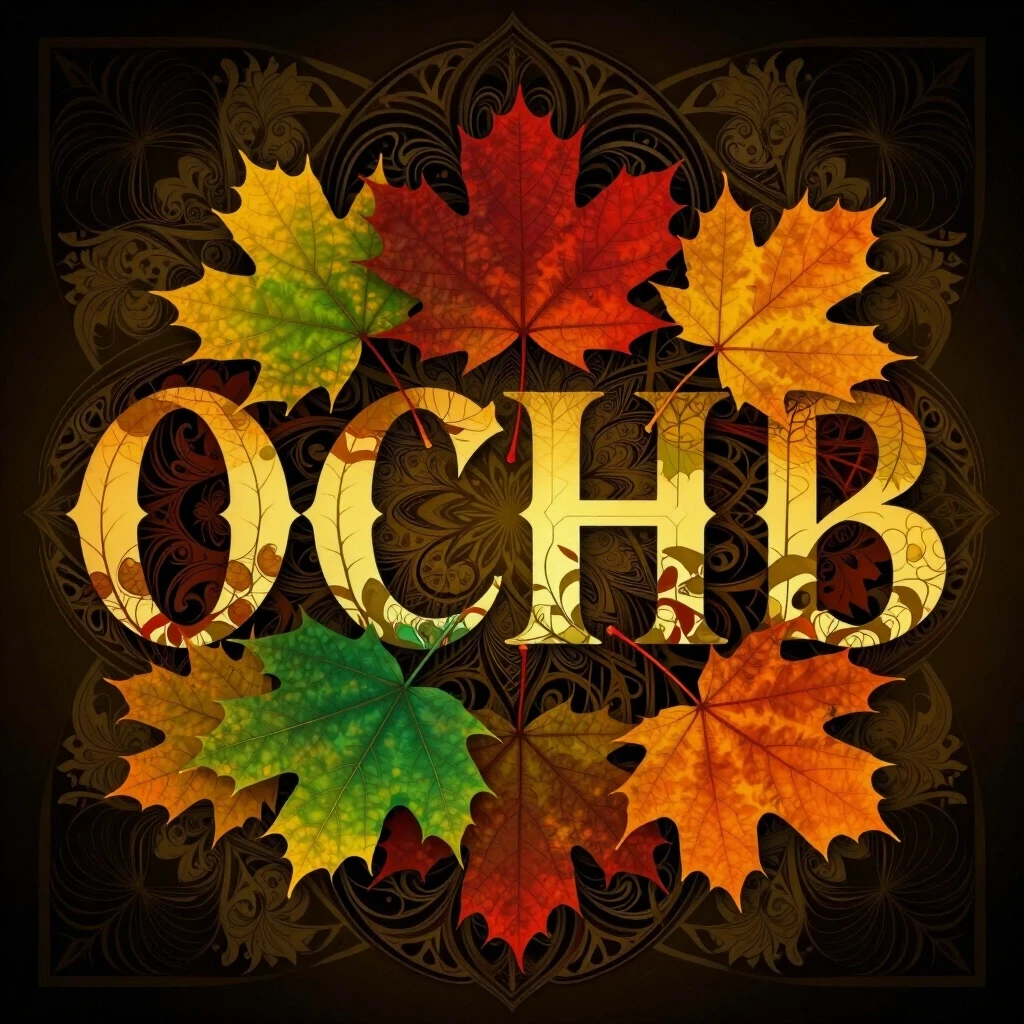 Digital image with double exposure and overlay of layers and textures. Vector graphics. The word "OCEHb" is made of gold, crimson and green skeletonized textured…