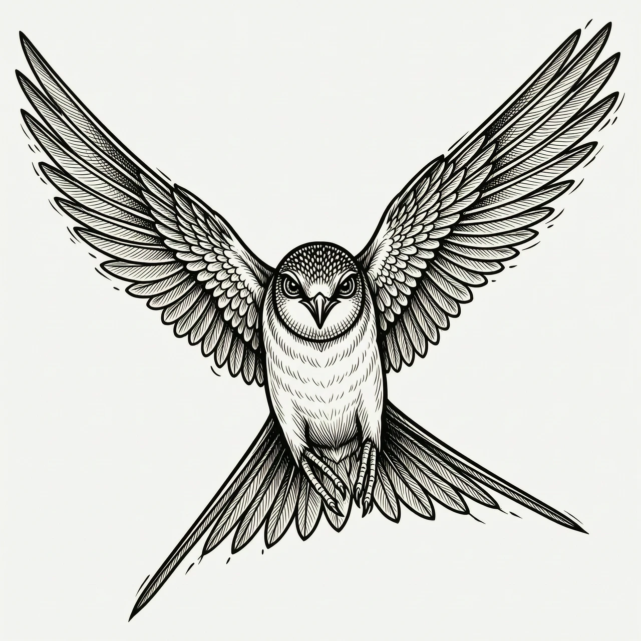 Black swift flying directly toward the viewer, head-on frontal perspective, wings spread vertically wide, one wing angled sharply upward, the other downward, dynamic mid-turn…