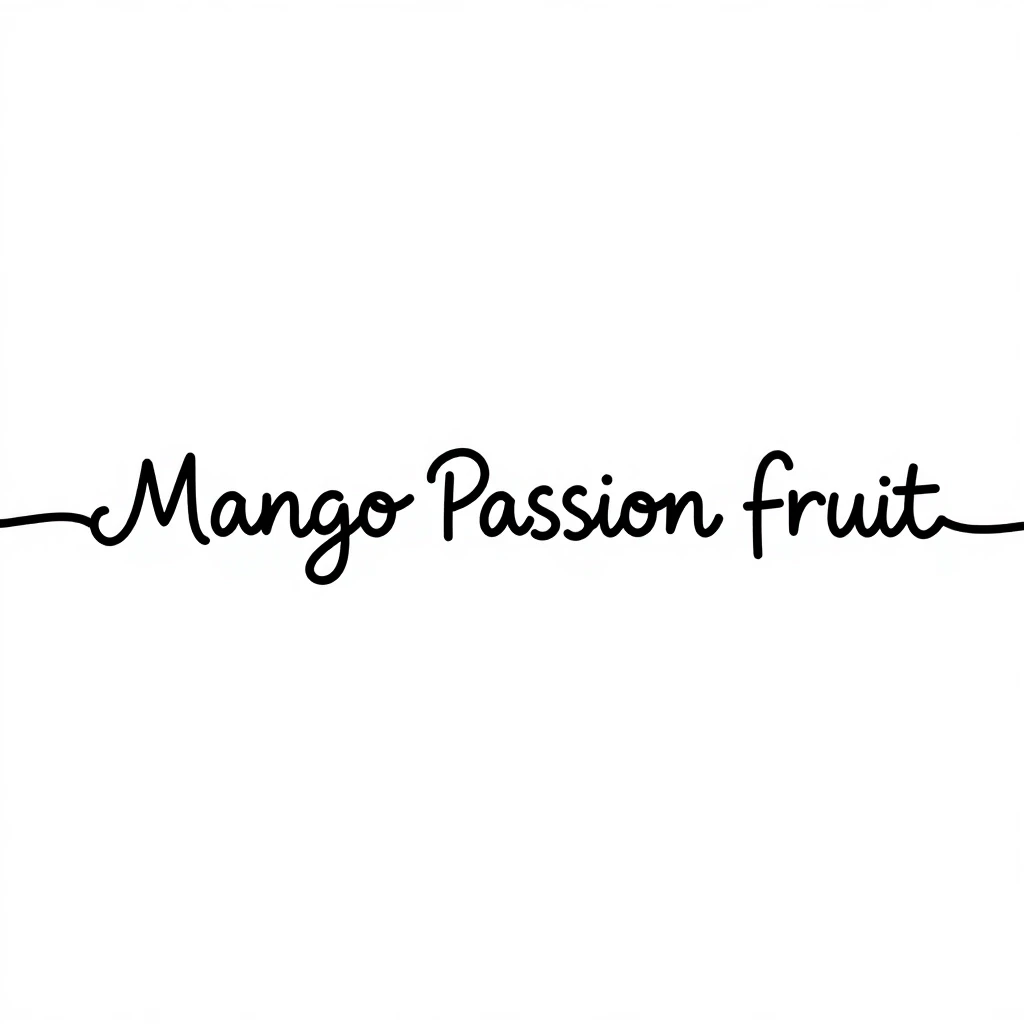 continuous line art lettering word MANGO PASSION FRUIT, single line drawing style, minimalist, vector, white background. Сделай надпись больше похожей на калиграфию, с…