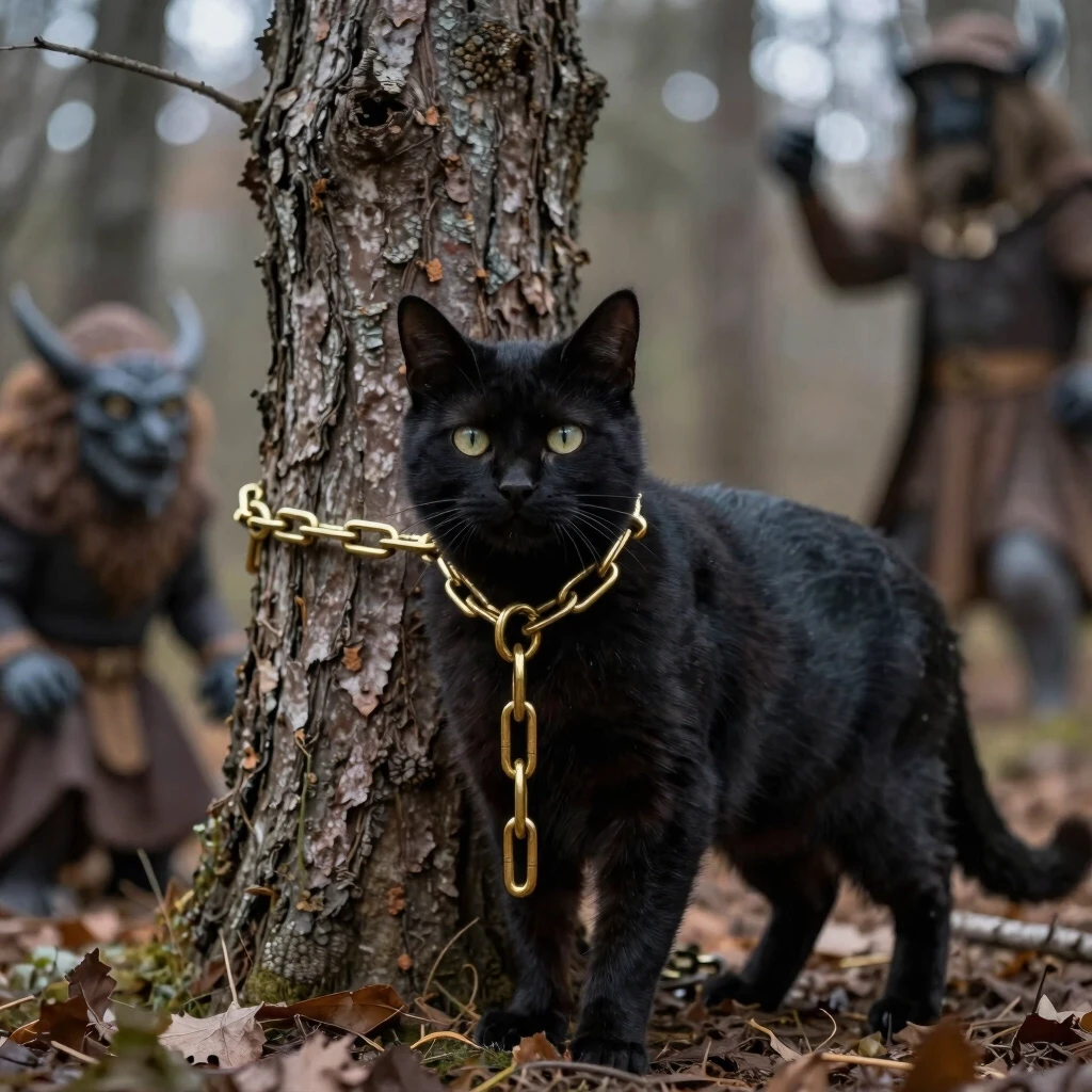 Чёрный кот прикован золотой цепью к дубу, около дуба находится леший — работа пользователя Загадочный Чародей