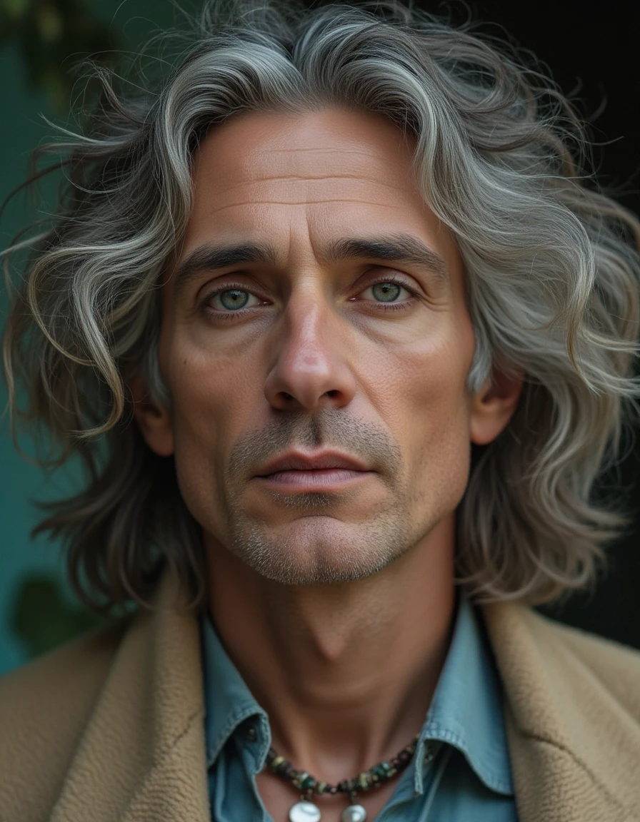 Emmanuel Kant, philosopher, large expressive eyes, lots of mother-of-pearl jewelry, gray hair, tousled in the wind, aesthetics of the male body, close-up, portrait, professional…
