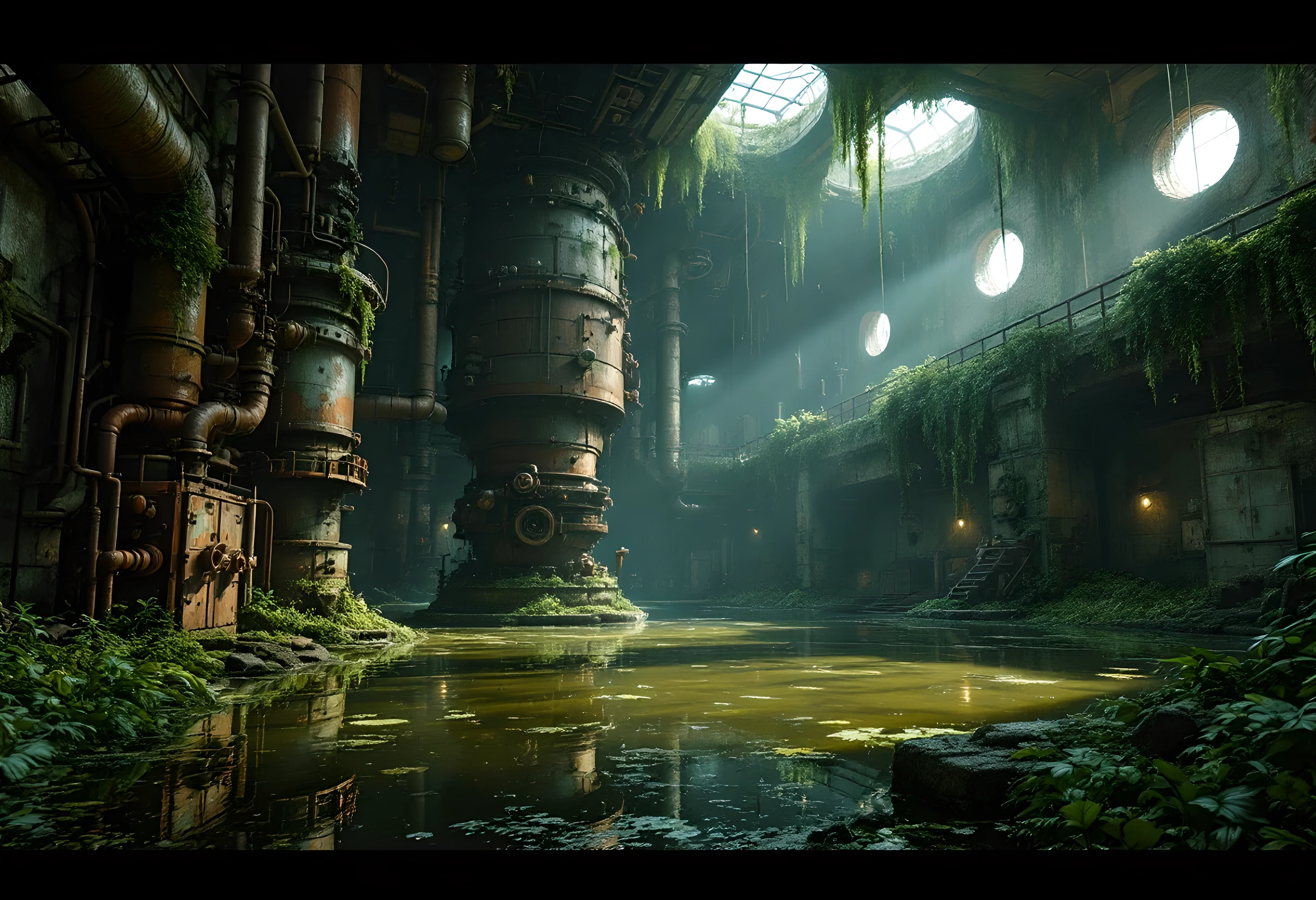 Cinematic wide shot of a decaying, abandoned military bunker hall, partially submerged in murky, stagnant water reflecting the overhead ruins. The atmosphere is heavy with…