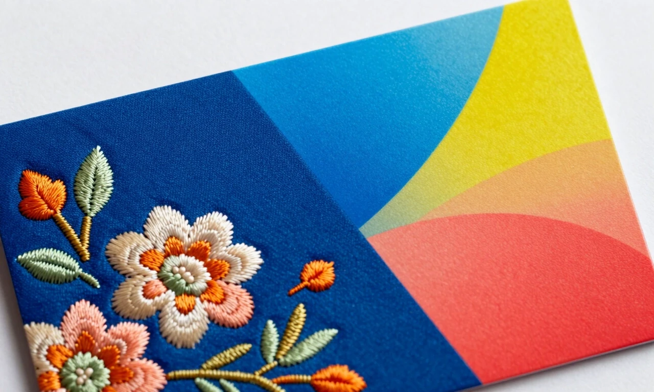 Business card design, vertical orientation, front view. Base: a bright deep-blue decorative embroidered fabric, close-up texture with volume and folds. The fabric carries…