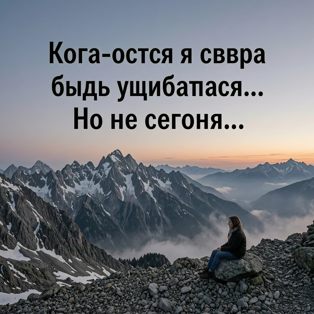 Создай меланхоличное изображение на фоне гор на рассвете и сделай надпись Когда-нибудь я снова буду улыбаться... Но не сегодня... — работа пользователя Бархатный Орк