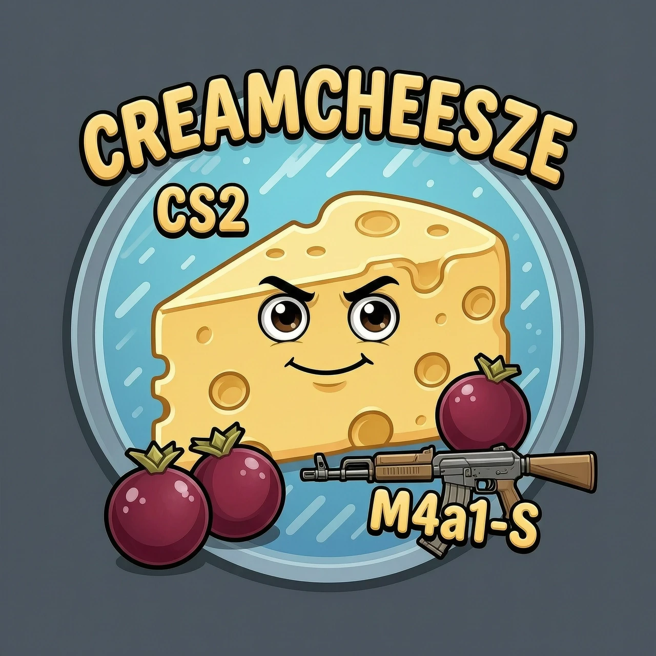 Создай мне аватарку для steam, на которой будет надпись creamcheesze, сам сливочный сыр с лицом, надпись CS2, AK-47 , гранаты, m4a1-s — работа пользователя Искристый Эксимер