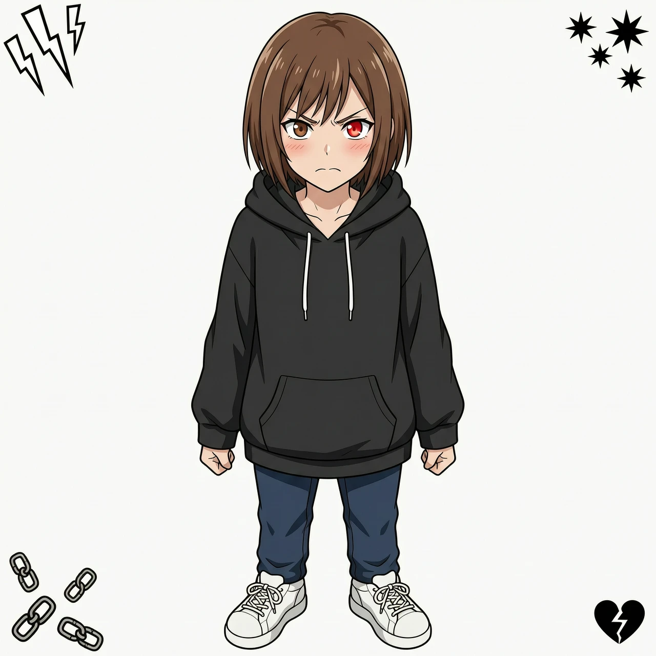 18-year-old anime woman, adult proportions, short brown hair, brown eyes, black oversize hoodie, solid white background, 2D flat cel-shading art, clean sharp lineart, angry…