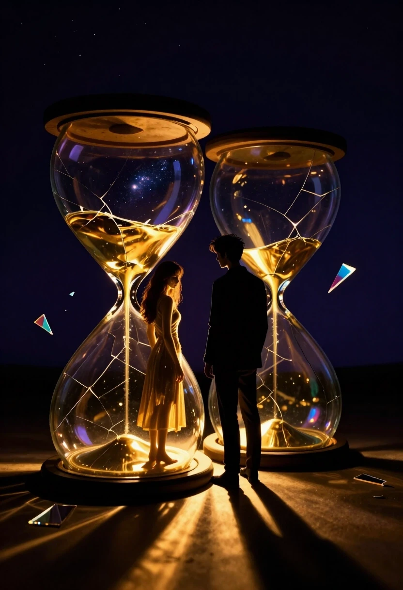 A surreal, high-contrast composition where two lovers are trapped inside two different, giant floating hourglasses made of cracked iridescent glass. The background is a deep,…