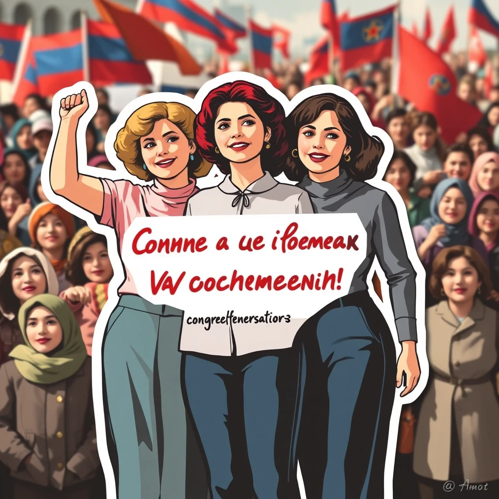 Создай стикер с фразой: три гордые женщины стоят, на фоне еще много женщин, они разные, поздравляют с праздником на демонстрации. В стиле советских плакатов — работа…