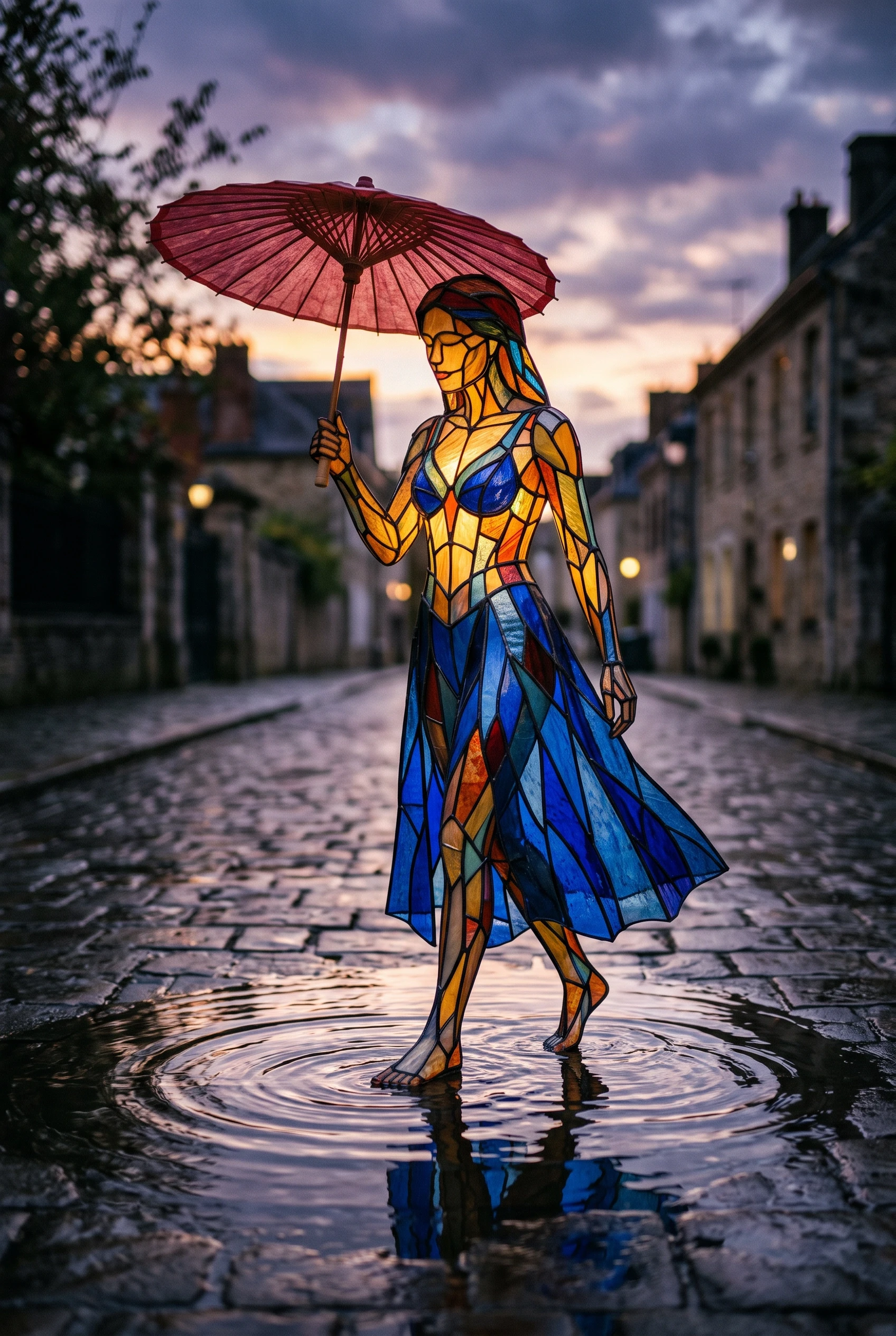 zidiusArt, a luminous, ethereal woman made of colorful stained glass, glowing with a soft, warm golden inner light, wearing a flowing blue stained glass dress, she holds a…