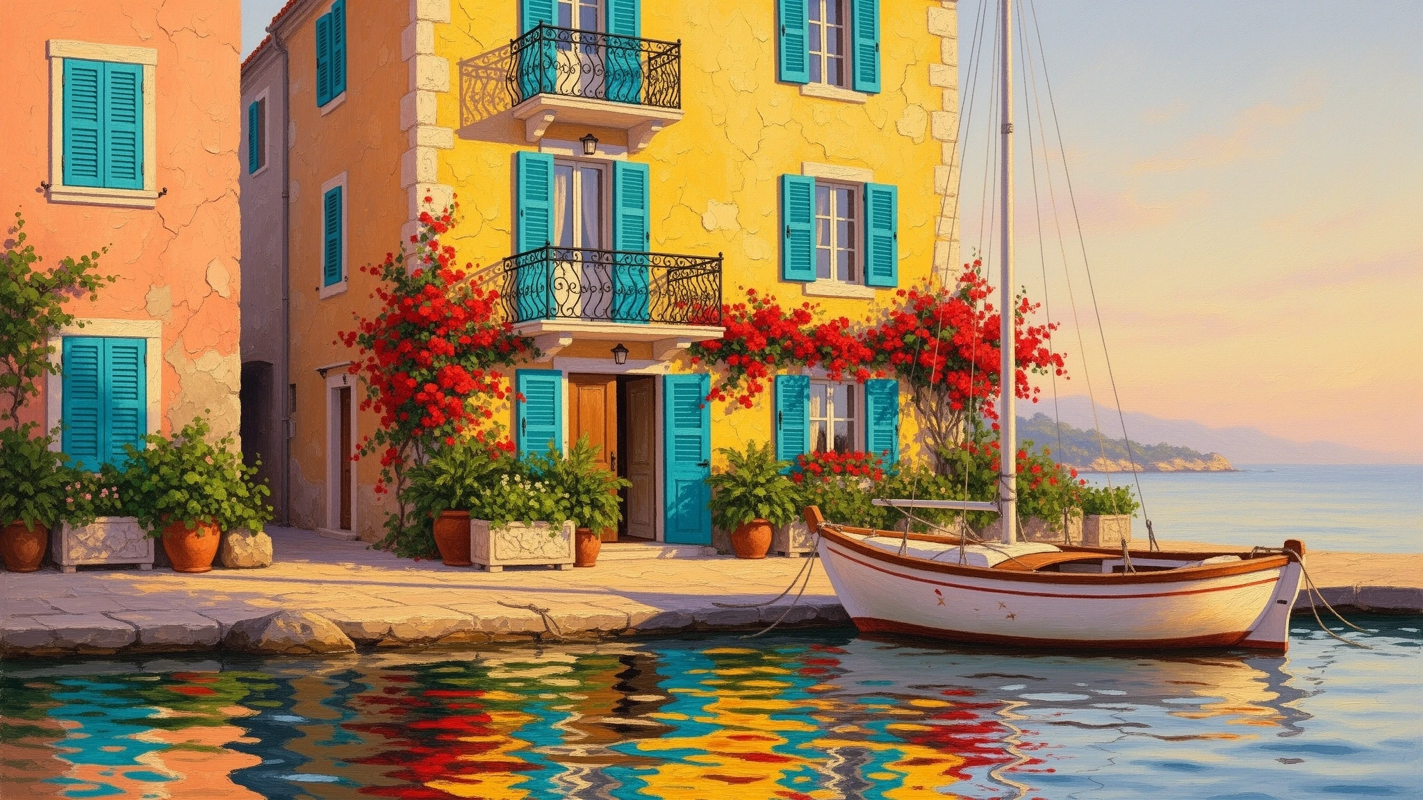 A vibrant coastal scene rendered in impressionistic painterly strokes: a bright yellow two-storey building with turquoise shutters and a black wrought-iron balcony, flanked by a…