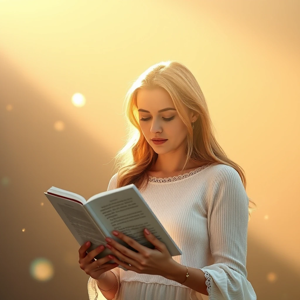 Beautiful woman reads a prayer, holding an open book. Soft golden light surrounds, light particles shimmer in the air. A feeling of reverence, silence, and grace. Gentle pastel…