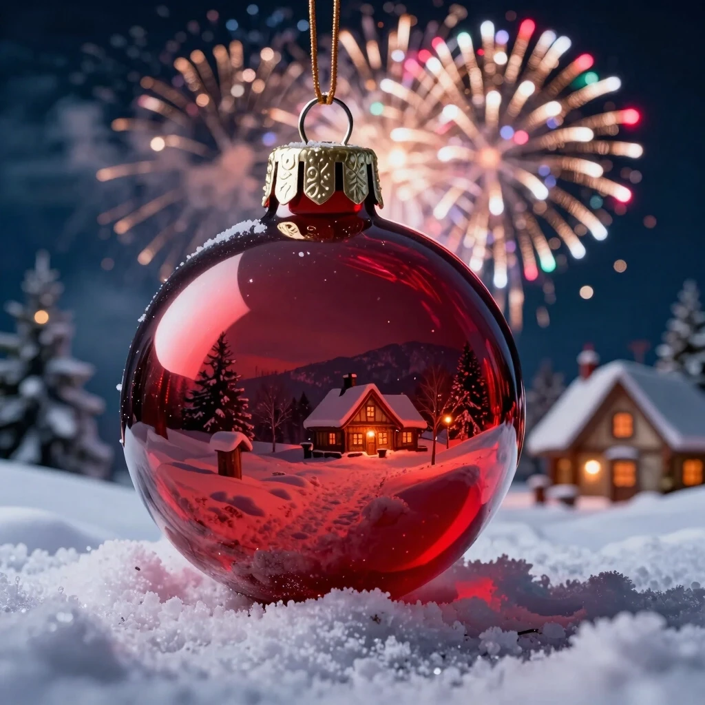 A hyperrealistic digital double exposure artwork for New Year's. Three distinct images are seamlessly blended: the detailed, reflective surface of a red glass bauble, a…