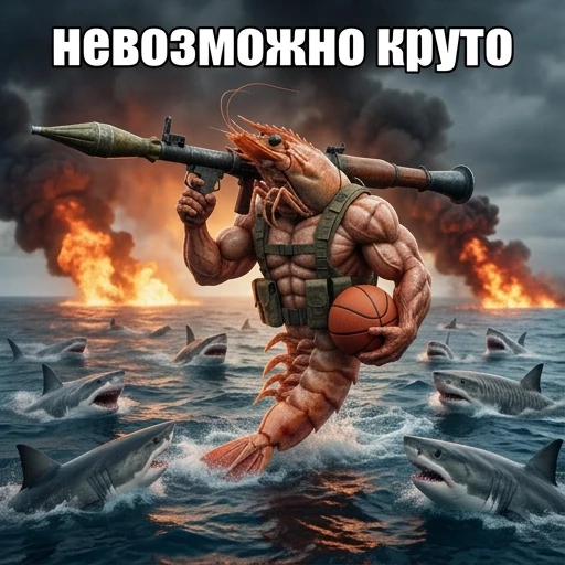 Надпись "невозможно круто" русским языком, мемным шрифтом и мегаперекачанная креветка с очень большой ракетницей на плече и баскетбольный мяч в руке и вокруг нее много…