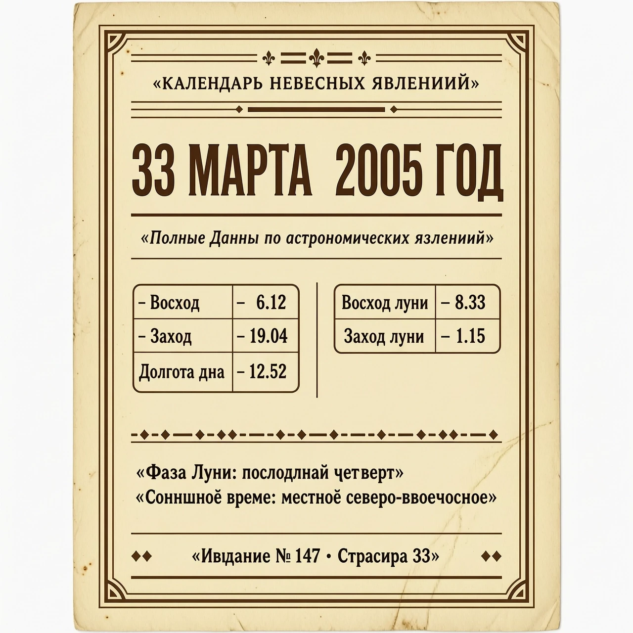33 МАРТА 2005 ГОД | | Восход 6.12 Заход 19.04 Долгота дня 12.52 | | | | Восход луны 8.33 Заход луны 1.15 — работа пользователя Сказочная Волна