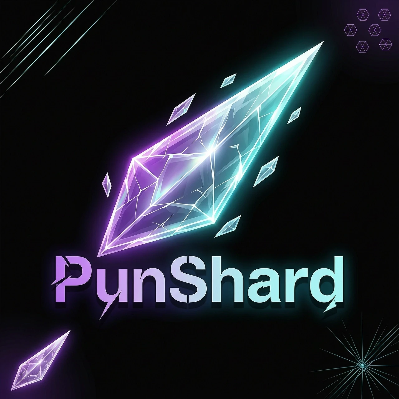 Minimalist logo, a single sharp glass shard, the word "PunShard" etched into it in a deconstructed brutalist font, letters fragmented like broken glass, sharp angular…