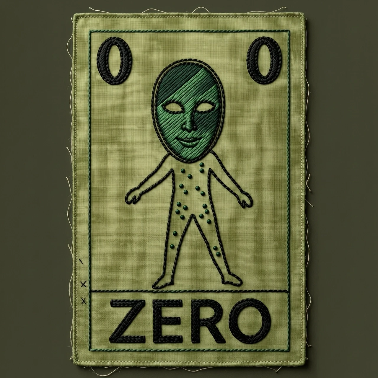 Tarot card style illustration, vertical rectangular composition, "The Fool" archetype. In the center, a minimalist and mystical contour silhouette of a Pierrot mask…