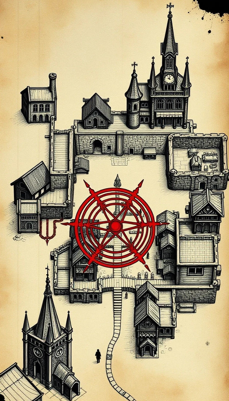 dark fantasy city map, bird's eye view, tabletop RPG style, hand-drawn ink on parchment, ancient gothic city, districts: Upper City with manor and town hall, Lower Quarters…