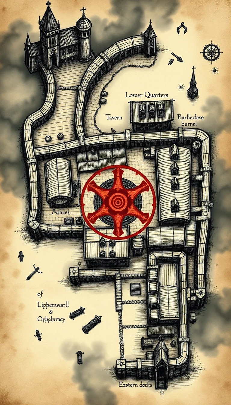 dark fantasy city map, bird's eye view, tabletop RPG style, hand-drawn ink on parchment, ancient gothic city, districts: Upper City with manor and town hall, Lower Quarters…