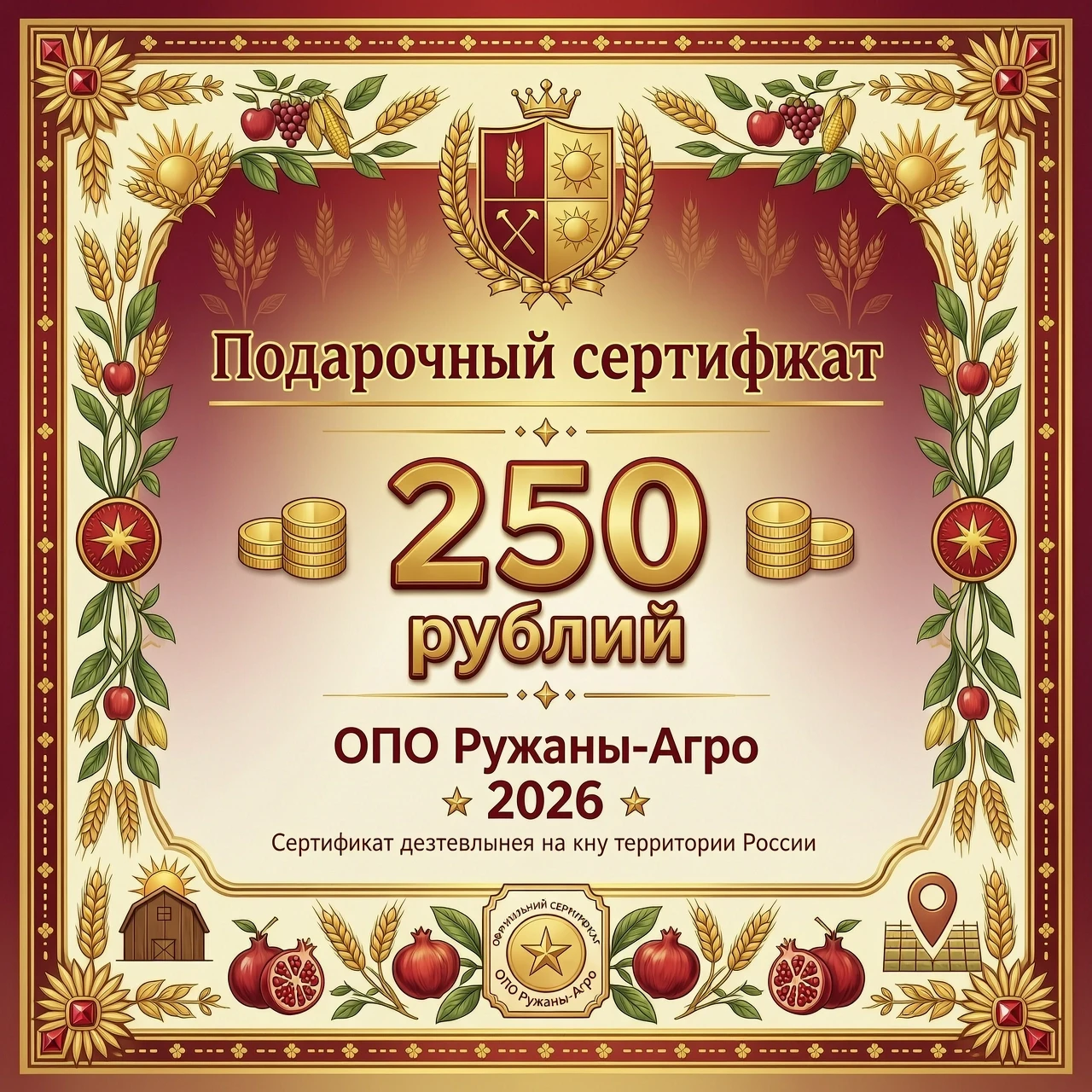 Создать сертификат, надпись по центру листа (Подарочный сертификат), ниже написано на сумму 250 рублей, ниже написано (ОАО Ружаны-Агро 2026. Оформления яркое, красочное, для…
