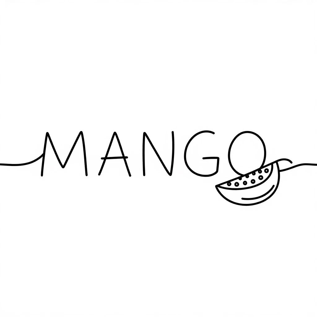 continuous line art lettering word MANGO PASSION FRUIT, single line drawing style, minimalist, vector, white background — работа пользователя Очаровательная Листва