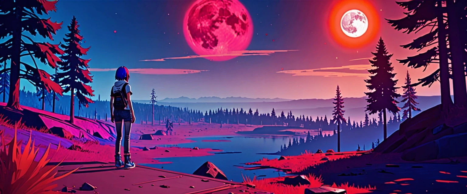 A natural landscape, art from *Life Is Strange*, Chloe Price, retro rave style, neon color, indigo, chrome, blood‑moon colors Nuclear flame of amber color A mercury‑colored wind…